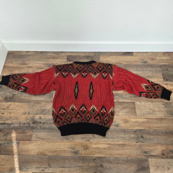 Bachrach Vintage Men's L Red Aztec 30% Wool Grandpa Knit Sweater Coogi Style - Picture 6 of 9